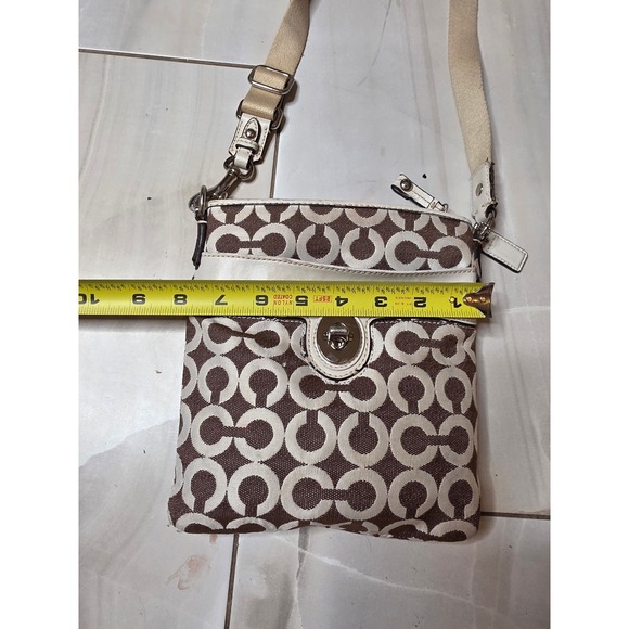 Coach Signature C Monogram Crossbody Bag Brown White Leather Trim Turnlock - Picture 15 of 16